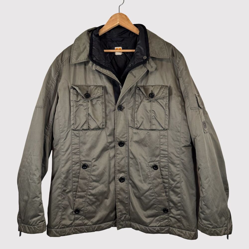 VINTAGE HUGO BOSS Orange Mens Jacket Gray Utility Full Zip Quilted Lined 44R